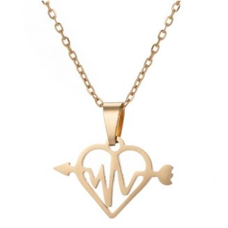 Fako Bijoux® - Ketting Met Hanger - Stainless Steel - RVS - Staal - Hart Met Hartslag - Goudkleurig