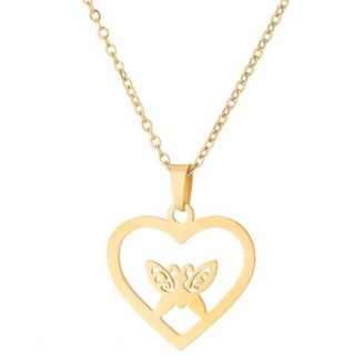 Fako Bijoux® - Ketting Met Hanger - Stainless Steel - RVS - Staal - Hart Met Vlinder - Goudkleurig