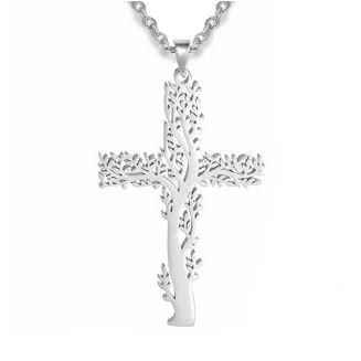 Fako Bijoux® - Ketting Met Kruisje Levensboom - Stainless Steel - RVS - Staal - Zilverkleurig