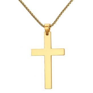 Fako Bijoux® - Ketting Met Kruisje DLX - Kruis - 30x53mm - Stainless Steel - RVS - Staal - Goudkleurig