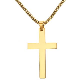 Fako Bijoux® - Ketting Met Kruisje XLarge - Kruis - 30x53mm - 50cm - 3mm - Stainless Steel - RVS - Staal - Goudkleurig