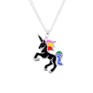 Fako Bijoux® - Ketting - Eenhoorn Regenboog Mini - Zwart Zilverkleurig