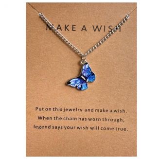 Fako Bijoux® - Doe Een Wens - Vlinder Ketting - Make A Wish - Blauw - Ketting Inclusief Kaart Met Tekst - Zilverkleurig