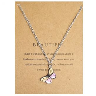 Fako Bijoux® - Doe Een Wens - Vlinder Ketting - Make A Wish - Beautiful - Beige/Roze - Ketting Inclusief Kaart Met Tekst - Zilverkleurig