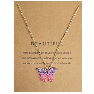 Fako Bijoux® - Doe Een Wens - Vlinder Ketting - Make A Wish - Beautiful - Blauw/Roze - Ketting Inclusief Kaart Met Tekst - Goudkleurig