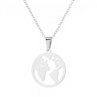 Fako Bijoux® - Ketting - Stainless Steel - Wereldkaart - Zilverkleurig