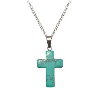 Fako Bijoux® - Ketting - Kruis - Turquoise - Natuursteen - 50cm