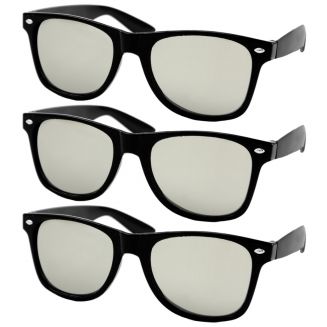 Fako Fashion® - 3x Heren Zonnebril - Dames Zonnebril - Classic - UV400 - Zwart - Zilverkleurige Spiegelglazen - 3 Stuks