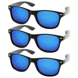 Fako Fashion® - 3x Heren Zonnebril - Dames Zonnebril - Classic - UV400 - Mat Zwart - Blauwe Spiegelglazen - 3 Stuks