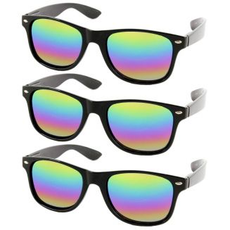 Fako Fashion® - 3x Heren Zonnebril - Dames Zonnebril - Classic - UV400 - Zwart - Regenboog Spiegelglazen - 3 Stuks