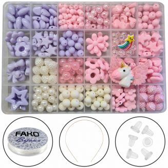 Fako Bijoux® - Kralen Set Pastel - Acryl - Sieraden Maken - Box - 400 Stuks - Paars/Wit/Roze