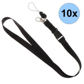 Fako Bijoux® - Keycord - Lanyard - Sleutelkoord - Badgehouder - 51cm - 20mm - Zwart - 10 Stuks