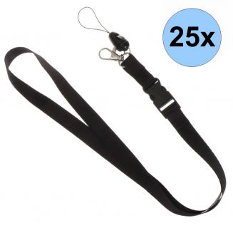 Fako Bijoux® - Keycord - Lanyard - Sleutelkoord - Badgehouder - 51cm - 20mm - Zwart - 25 Stuks