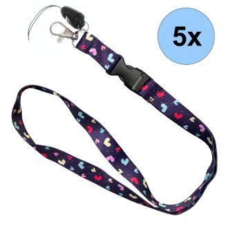 Fako Bijoux® - Keycord Print - Lanyard - Sleutelkoord - Badgehouder - 51cm - 20mm - Gekleurde Hartjes - 5 Stuks