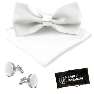 Fako Fashion® - Vlinderstrik, Pochette & Manchetknopen - Vlinderdas - Strikje - Pochet - Wit