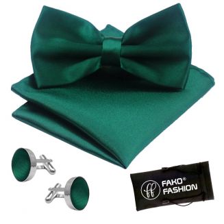 Fako Fashion® - Vlinderstrik, Pochette & Manchetknopen - Vlinderdas - Strikje - Pochet - Donkergroen