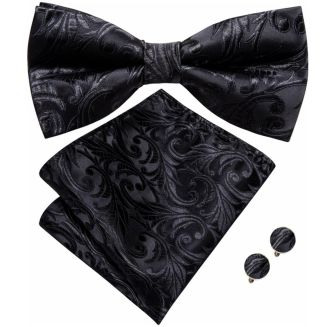 Fako Fashion® - Vlinderstrik, Pochette & Manchetknopen - Vlinderdas - Strikje - Pochet - Paisley Zwart