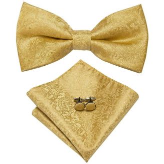 Fako Fashion® - Vlinderstrik, Pochette & Manchetknopen - Vlinderdas - Strikje - Pochet - Paisley Goud
