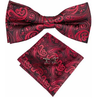 Fako Fashion® - Vlinderstrik, Pochette & Manchetknopen - Vlinderdas - Strikje - Pochet - Paisley Rood