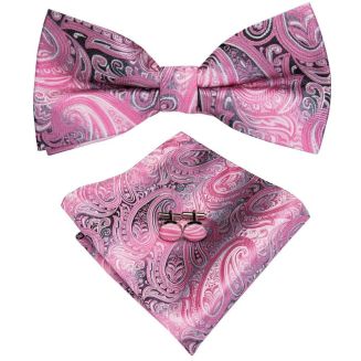 Fako Fashion® - Vlinderstrik, Pochette & Manchetknopen - Vlinderdas - Strikje - Pochet - Paisley Roze/Zwart