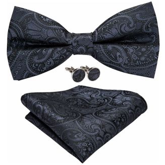 Fako Fashion - Vlinderstrik, Pochette & Manchetknopen - Vlinderdas - Strikje - Pochet - Paisley Antraciet Zwart