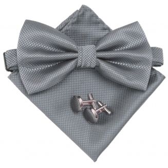 Fako Fashion® - Vlinderstrik, Pochette & Manchetknopen - Kleine Ruit - Vlinderdas - Strikje - Pochet - Zilvergrijs