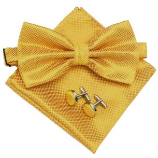 Fako Fashion® - Vlinderstrik, Pochette & Manchetknopen - Kleine Ruit - Vlinderdas - Strikje - Pochet - Goudgeel