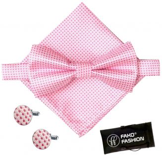 Fako Fashion® - Vlinderstrik, Pochette & Manchetknopen Blok - Vlinderdas - Strikje - Pochet - Geblokt - Roze