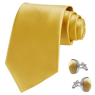Fako Fashion - Stropdas Met Manchetknopen - Breed - Effen - Satijn - 8cm - 145cm - Goud
