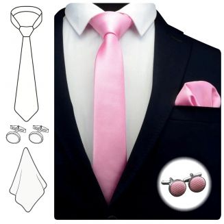 Fako Fashion® - Stropdas Met Pochette en Manchetknopen - Gestreept - Ribstructuur - 100% Zijde - Effen - 6cm - 145cm - Roze