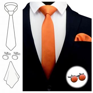 Fako Fashion® - Stropdas Met Pochette en Manchetknopen - Gestreept - Ribstructuur - 100% Zijde - Effen - 6cm - 145cm - Oranje