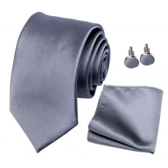 Fako Fashion® - Stropdas Met Pochette en Manchetknopen - Gestreept - Ribstructuur - 100% Zijde - Effen - 8cm - 145cm - Donkergrijs
