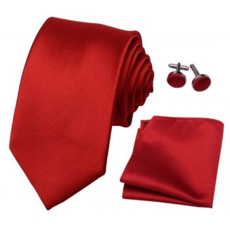 Fako Fashion® - Stropdas Met Pochette en Manchetknopen - Gestreept - Ribstructuur - 100% Zijde - Effen - 8cm - 145cm - Rood