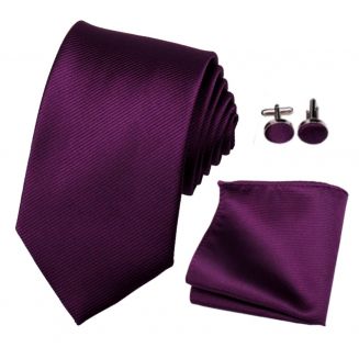 Fako Fashion® - Stropdas Met Pochette en Manchetknopen - Gestreept - Ribstructuur - 100% Zijde - Effen - 8cm - 145cm - Donkerpaars