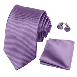 Fako Fashion® - Stropdas Met Pochette en Manchetknopen - Gestreept - Ribstructuur - 100% Zijde - Effen - 8cm - 145cm - Paars