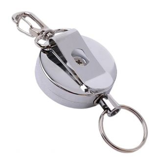 Merkloos - RVS Sleutelhanger Met Uittrekbaar Koord - Uittrekbare Sleutelhanger - Stevig Afrolmechanisme Met Karabijnhaak - Pasjeshouder - Roestvrij Staal -  Ø 40mm
