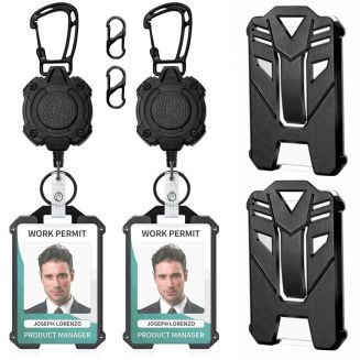 Fako Bijoux - 2x Robuuste Uittrekbare Sleutelhanger Met Koord En Kaarthouder Panter - Met Karabijnhaak En Badgehouder - Cirkel - 80 cm  Stalen Koord - Veilige Sleutelhanger - ID-Haspel Voor Werk En Evenementen - 2 Stuks