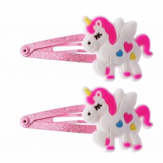 Fako Fashion® - Haarspeldjes Glitter Eenhoorn / Unicorn - Roze - Haarclips Voor Meisjes - 2 Stuks - Eenhoorn Hartjes