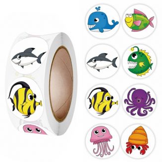 500 Stickers Op Rol - 2.5cm - Vissen & Zeedieren - Beloningsstickers - Stickers Kinderen - Sluitsticker - Sluitzegel - 25mm