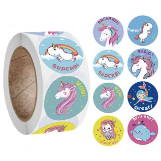 500 Stickers Op Rol - 2.5cm - Eenhoorn / Unicorn Tekst - Beloningsstickers - Stickers Kinderen - Sluitsticker - Sluitzegel - 25mm