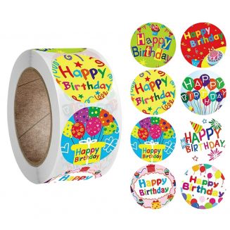 500 Stickers Op Rol - 2.5cm - Happy Birthday Mix - Verjaardag Stickers - Sluitsticker - Sluitzegel - 25mm