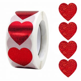 500 Stickers Op Rol - 2.5cm - Hart Rood Glitter - Beloningsstickers - Stickers Kinderen - Sluitsticker - Sluitzegel - 25mm