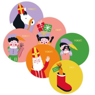 30x Sticker Sinterklaas 'voor' - Kleuren Mix - Goudfolie - Sluitsticker - Sluitzegel - Feeststicker Presentje - Enveloppe - Cadeau - Gift - Cadeauzakje - Traktatie - Leuk inpakken - Sticker - 50mm - 30 Stuks