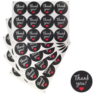 Fako Bijoux® - Thank You Stickers Op Vel - 38mm - Thank You Red Heart - Sluitsticker - Sluitzegel - Cadeau Sticker - Rood Hartje - Zwart - 120 Stuks