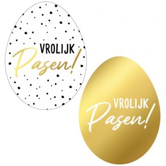 60x Sticker Vrolijk Pasen! - Goud & Zwart/Wit/Goudfolie - Paasdagen - Paaseitjes - Sluitsticker - Feeststicker - Wensetiket Pasen - Traktatie Sticker - Trakteren - 34x45mm - 60 Stuks