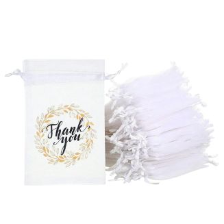 Fako Bijoux® - Organza Zakjes Met Print - Thank You Lauwerkrans - 10x15 cm - Wit - 20 Stuks
