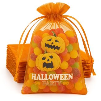 Fako Bijoux® - Organza Zakjes Met Print - Halloween - Pompoen - 10x15 cm - Oranje - 20 Stuks
