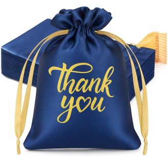 Fako Bijoux® - Satijnen Cadeau Zakjes - Zachte Kado Zakjes - Thank You Hart - 10x15cm - Navy Blauw - 20 Stuks