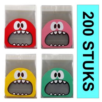 Fako Bijoux® - 200x Monster Uitdeelzakjes - Cellofaan Plastic Traktatie Kado Zakjes - Snoepzakjes - Kinderfeestje - Monster Print - 10x10cm - 4x50 Stuks - Mix