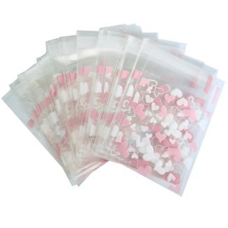 Fako Bijoux® - 100x Uitdeelzakjes - Cellofaan Plastic Traktatie Kado Zakjes - Snoepzakjes - Hartjes - 10x10cm - Roze